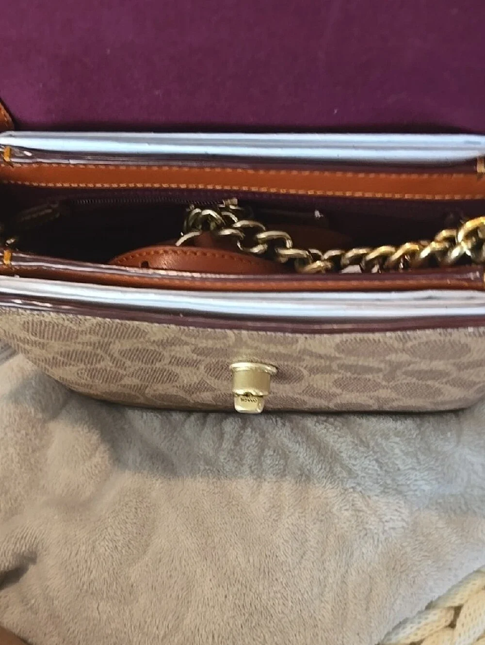 Coach Tan Leather & Signature Canvas Shoulder Bag with Gold Hardware